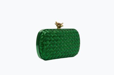 BOTTEGA VENETA Intrecciato Leather Knot Clutch Green Shimmer