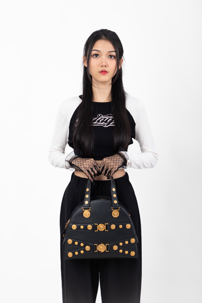 VERSACE 2018 Tribute 1992 gold Medusa stud bondage bowling shoulder bag