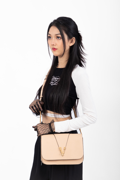 Versace Virtus Pebbled Leather Crossbody Beige