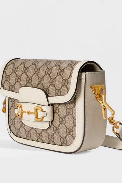 Gucci Horsebit 1955 Mini Bag in GG Supreme Canvas with White Leather