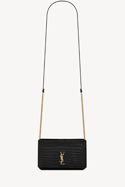 SAINT LAURENT CASSANDRE PHONE HOLDER IN SHINY CROCODILE-EMBOSSED LEATHER BLACK