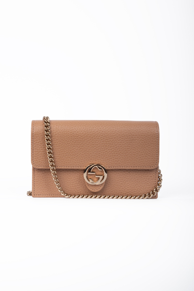 Gucci Beige Leather Interlocking G Wallet on Chain Clutch Bag