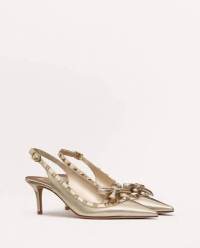 VALENTINO ROCKSTUD BOW SLINGBACK PUMPS IN LAMINATED NAPPA LEATHER AND 60MM TONE STUDS