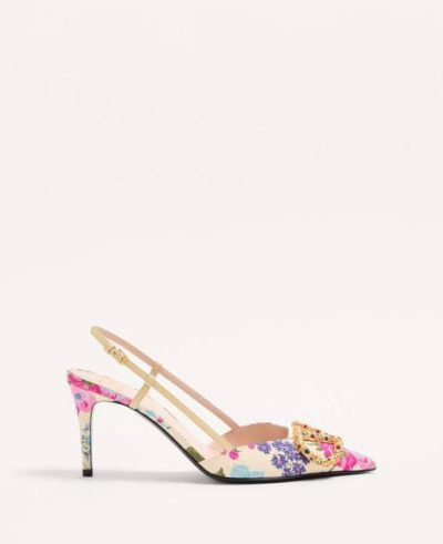VALENTINO VLOGO SIGNATURE SLINGBACK PUMPS IN PAPIER FLORAL MOIRÉ FABRIC 80MM
