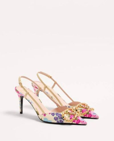 VALENTINO VLOGO SIGNATURE SLINGBACK PUMPS IN PAPIER FLORAL MOIRÉ FABRIC 80MM