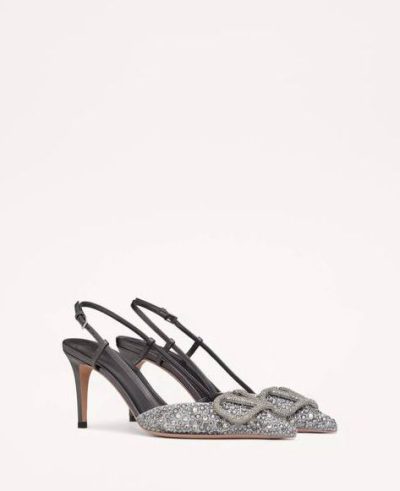 VALENTINO EMBROIDERED VLOGO SIGNATURE SLINGBACK PUMP WITH CRYSTALS 80 MM