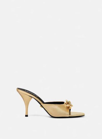 VERSACE OPERA BOW METALLIC MULES 85MM