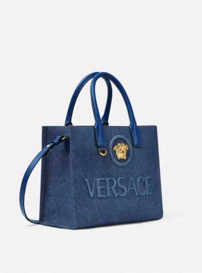 VERSACE LA MEDUSA DENIM SMALL TOTE BAG
