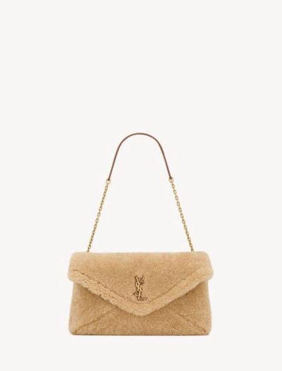 SAINT LAURENT CASSANDRE LARGE POUCH ON CHAIN IN SHEARLING NATUREL AND BRICK